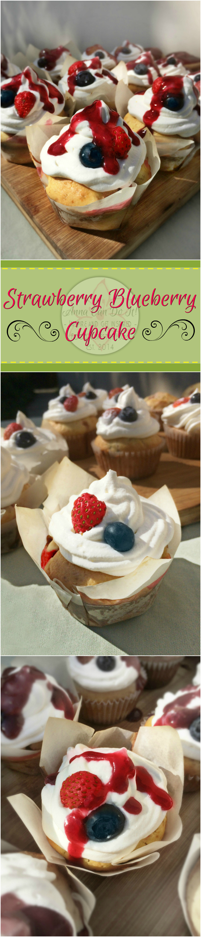 Strawberry Blueberry Cupcake - Anna Can Do It! * The Strawberry Blueberry Cupcake is the most divine, richest and most flavorful cupcakes I've ever made! It's seasonal, pure spring savor with blueberries and home grown strawberries, topped with whipped cream and strawberry blueberry sauce!